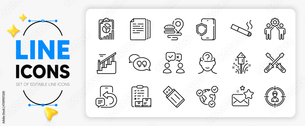 Smoking, Copy documents and People voting line icons set for app include Food delivery, Report, Psychology outline thin icon. Favorite mail, Quote bubble, Phone message pictogram icon. Vector Smoking, Copy documents and People voting line icons set for app include Food delivery, Report, Psychology outline thin icon. Favorite mail, Quote bubble, Phone message pictogram icon. Vector