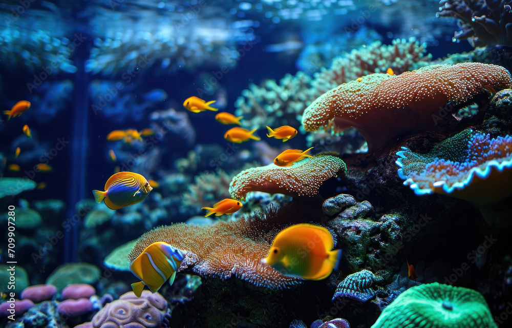 A beautiful photo of a aquarium with fishes and corals. A beautiful photo of a aquarium with fishes and corals.