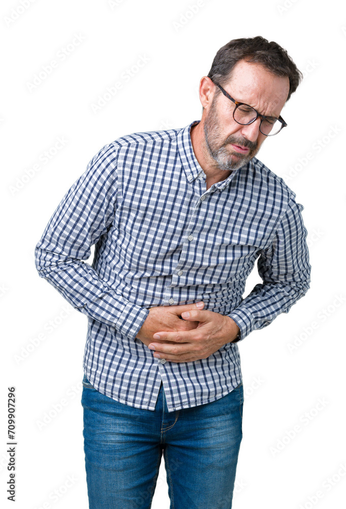 Handsome middle age elegant senior man wearing glasses over isolated background with hand on stomach because nausea, painful disease feeling unwell. Ache concept. Handsome middle age elegant senior man wearing glasses over isolated background with hand on stomach because nausea, painful disease feeling unwell. Ache concept.