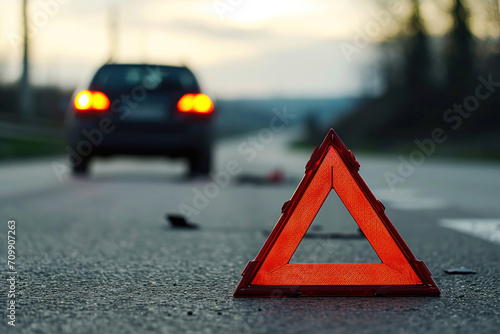 warning triangle sign on a red, blurred car on the background 