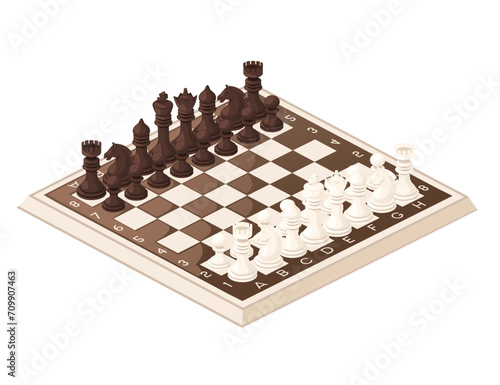 Classic chessboard and set of white and black chess figure vector illustration isolated on white background