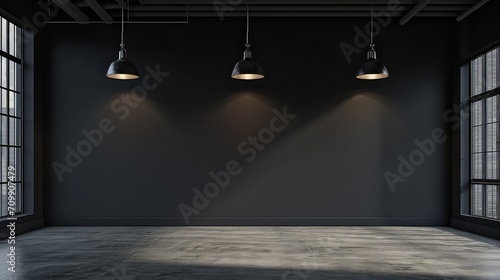gray concrete room with black lamps in the middle of an empty room with a black wall