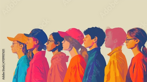 illustration of diverse people and teenagers standing side by side and one by one, equality. photo