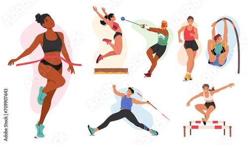 Set of Athletes Male and Female Characters. Runner, Long and Pole Jump, Put Shot, Obstacle Race and Javelin Throwing