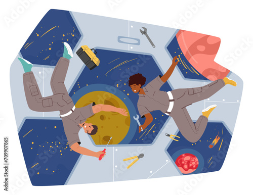 Astronaut Characters, Wielding Repair Tools, Floating In Zero Gravity Within The Spaceship, Outer Space Outside