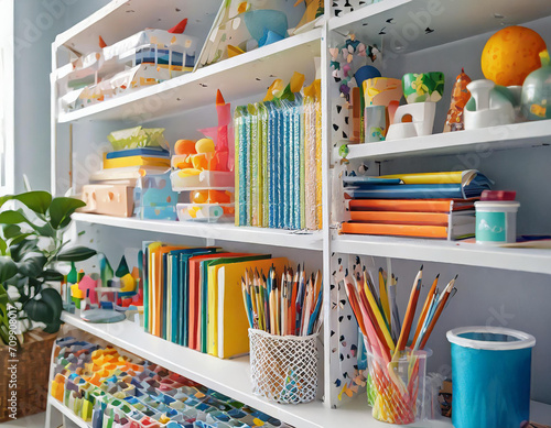 White shelving with various material for creativity and kids art activity. Stationery and supplies for drawing and craft. Organizing and storage in craft room