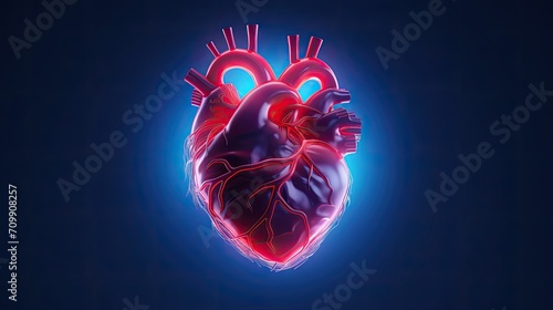 red human heart on blue background photo