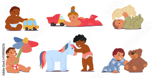 Babies Playing With Toys. Giggles Fill The Air As Chubby Hands Grasp Colorful Playthings. Innocent Eyes Sparkle With Joy