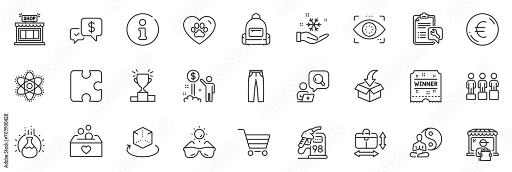 Icons pack as Payment received, Sunglasses and Delivery market line icons for app include Moving service, Yoga, Info outline thin icon web set. Spanner, Donation, Market sale pictogram. Vector
