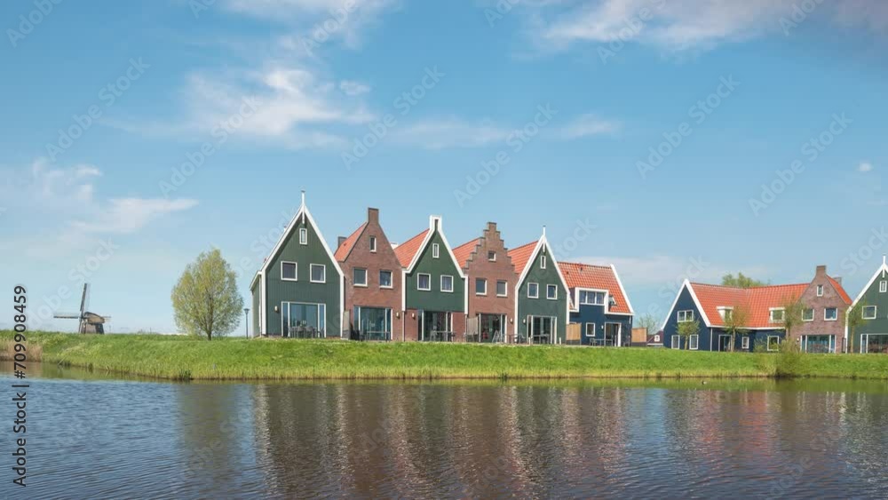 Volendam Netherlands time lapse, city skyline timelapse at Windmill De Kathammer and colorful house Volendam Netherlands time lapse, city skyline timelapse at Windmill De Kathammer and colorful house