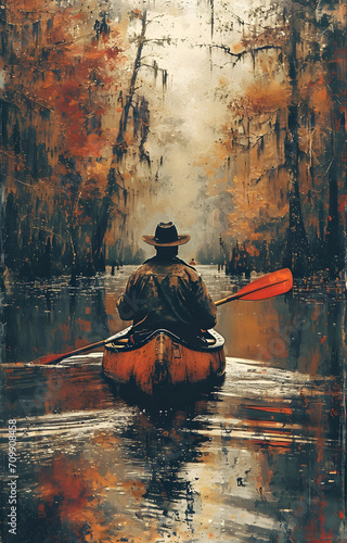 Person in a canoe on a serene river with autumnal trees and misty background, conveying a sense of adventure and tranquility.