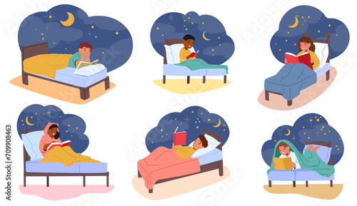 Set Of Children Reading Books In Bed. Kids Immersed In Enchanting Tales, Their Imaginations Creating A Cozy Dreams