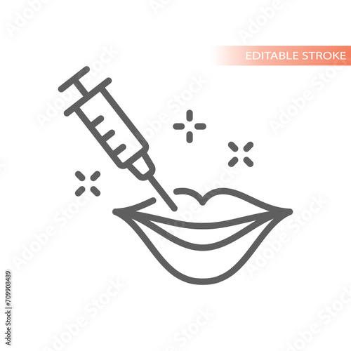 Botox or filler lip injection line icon. Silicone lips and syringe outline vector.