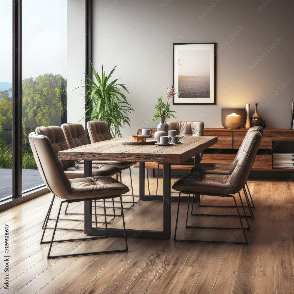 Modern interior of dining room, living room with wooden dining table and chairs.