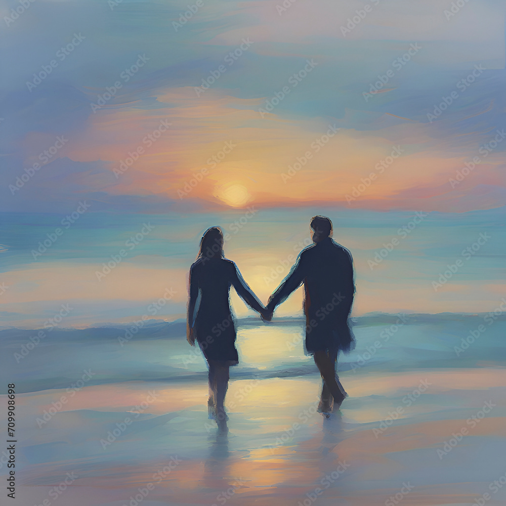 Couple holding hands on the beach at sunset. Pastel colors in impressionist style.
