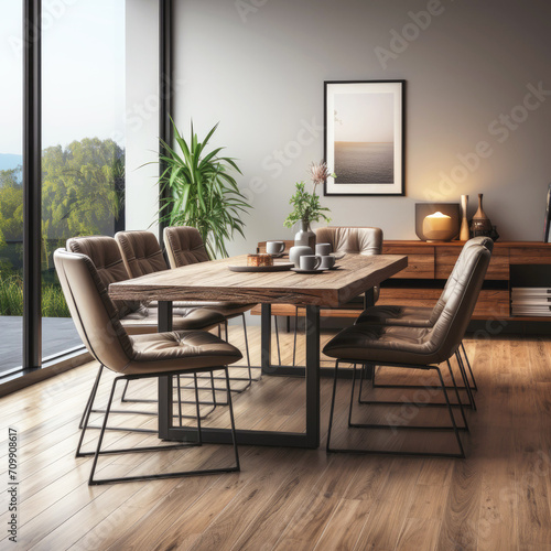 Modern interior of dining room  living room with wooden dining table and chairs.