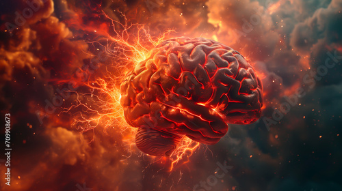 Fiery brain amidst clouds, concept of brainstorming and intelligence. 