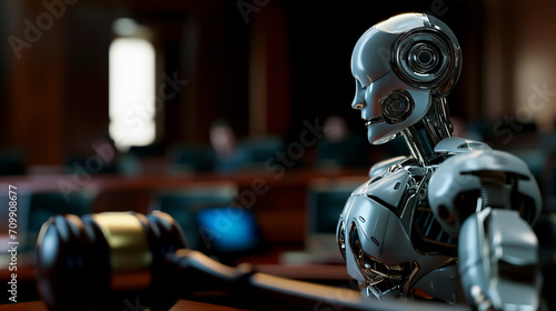 Robot as judge in courtroom, concept of AI in legislation.
 photo