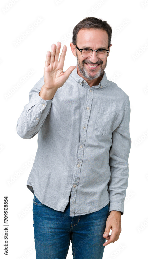 Handsome middle age elegant senior man wearing glasses over isolated background Waiving saying hello happy and smiling, friendly welcome gesture Handsome middle age elegant senior man wearing glasses over isolated background Waiving saying hello happy and smiling, friendly welcome gesture