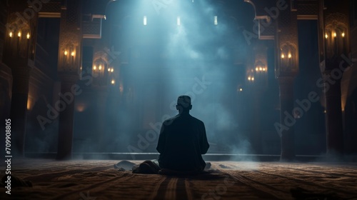 Silhouette of Muslim man worshiping and praying for fasting and Islamic Eid culture in old mosque with lighting and smoke background, copy space - generative ai