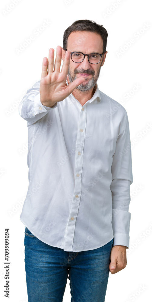 Handsome middle age elegant senior business man wearing glasses over isolated background doing stop sing with palm of the hand. Warning expression with negative and serious gesture on the face. Handsome middle age elegant senior business man wearing glasses over isolated background doing stop sing with palm of the hand. Warning expression with negative and serious gesture on the face.