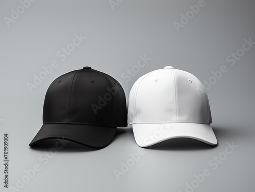 Photo two caps mockup, baseball caps on the simple background 