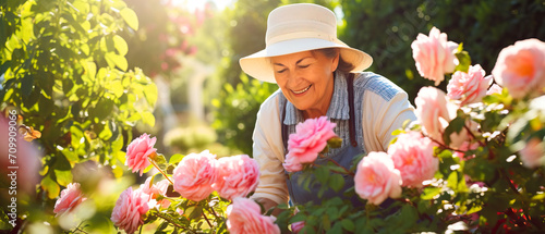 smiling senior woman working in the garden with flowers, retirement hobby concept photo