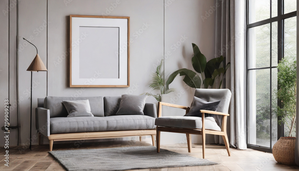 Fototapeta premium Wooden chair and gray sofa near white wall with big mock up poster frame on white wall. Scandinavian interior design of modern living room