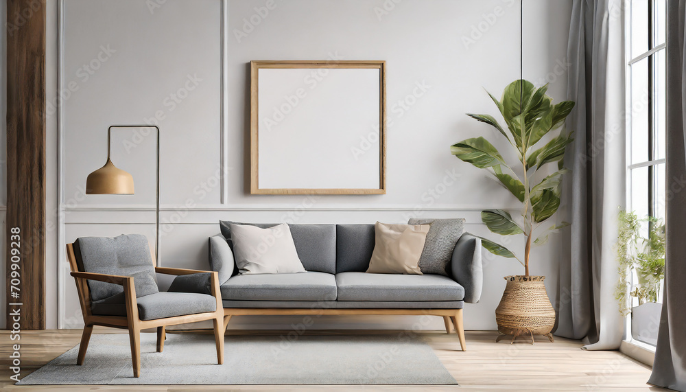 Wooden chair and gray sofa near white wall with big mock up poster frame on white wall. Scandinavian interior design of modern living room Wooden chair and gray sofa near white wall with big mock up poster frame on white wall. Scandinavian interior design of modern living room