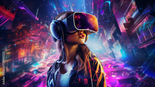 Surprised teen woman use vr glasses with digital light background. Virtual gadgets for entertainment, work, free time and study. Virtual reality metaverse technology concept.