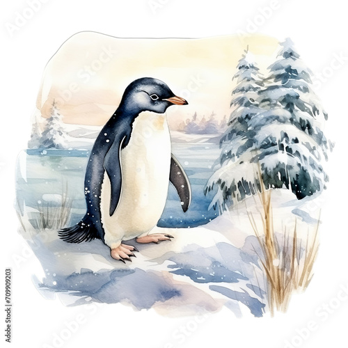 Pinguin im Schnee Aquarell Kunst Bild Antarktische Landschaft Handgemalt Tierillustration K  hle Winteratmosph  re Leinwanddruck Polartier Wandbild Geschenkidee Natur