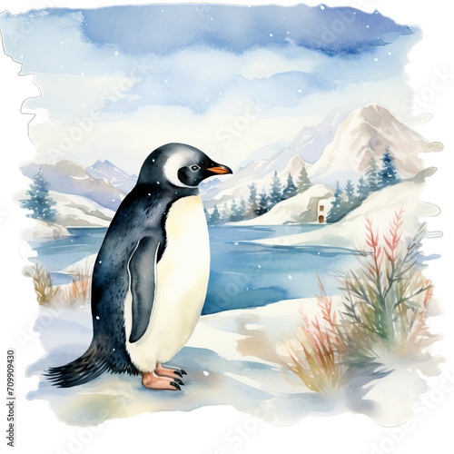 Pinguin im Schnee Aquarell Kunst Bild Antarktische Landschaft Handgemalt Tierillustration K  hle Winteratmosph  re Leinwanddruck Polartier Wandbild Geschenkidee Natur