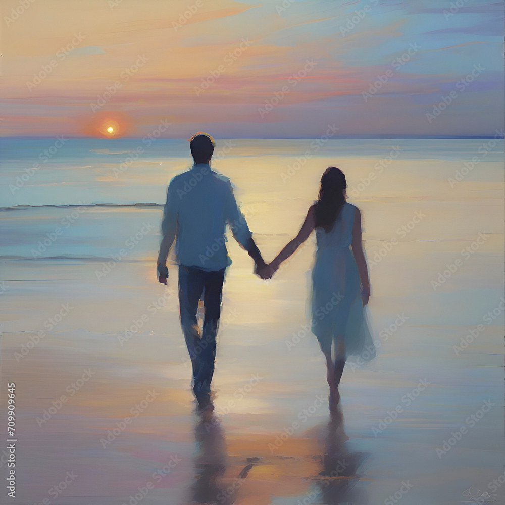 Fototapeta premium Couple holding hands on the beach at sunset. Pastel colors in impressionist style.