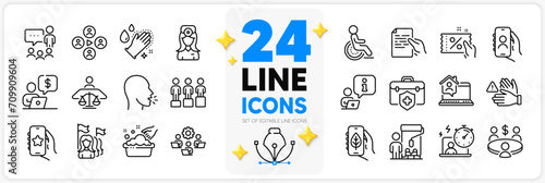 Icons set of Favorite app, Washing hands and Discount coupon line icons pack for app with Hold document, Meeting, Timer thin outline icon. Ecology app, Video conference, Interview pictogram. Vector