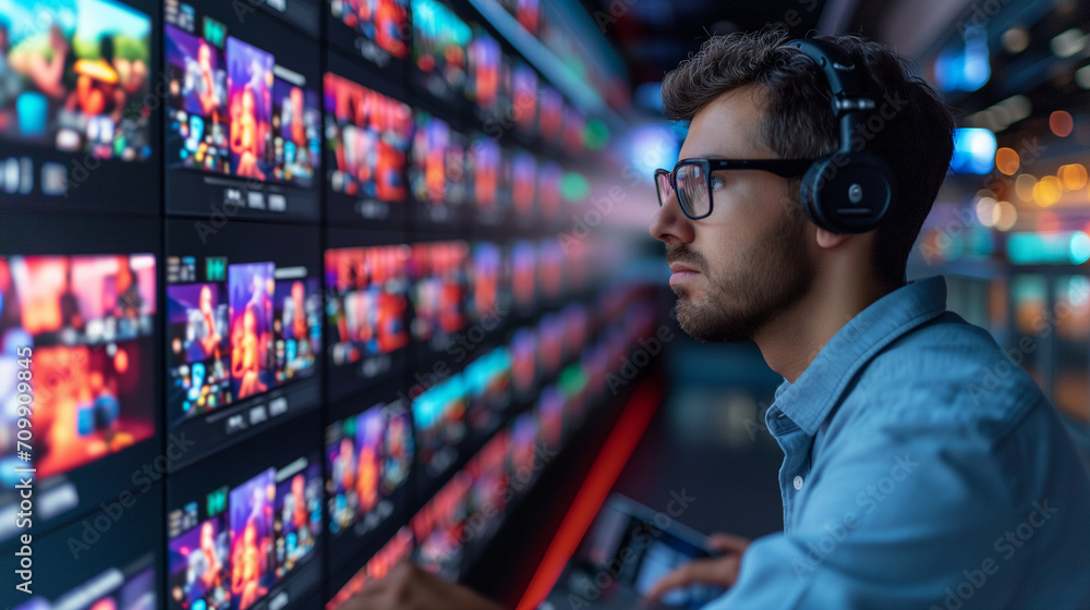 Man Wearing Headphones Observing Wall of Television Screens Man Wearing Headphones Observing Wall of Television Screens