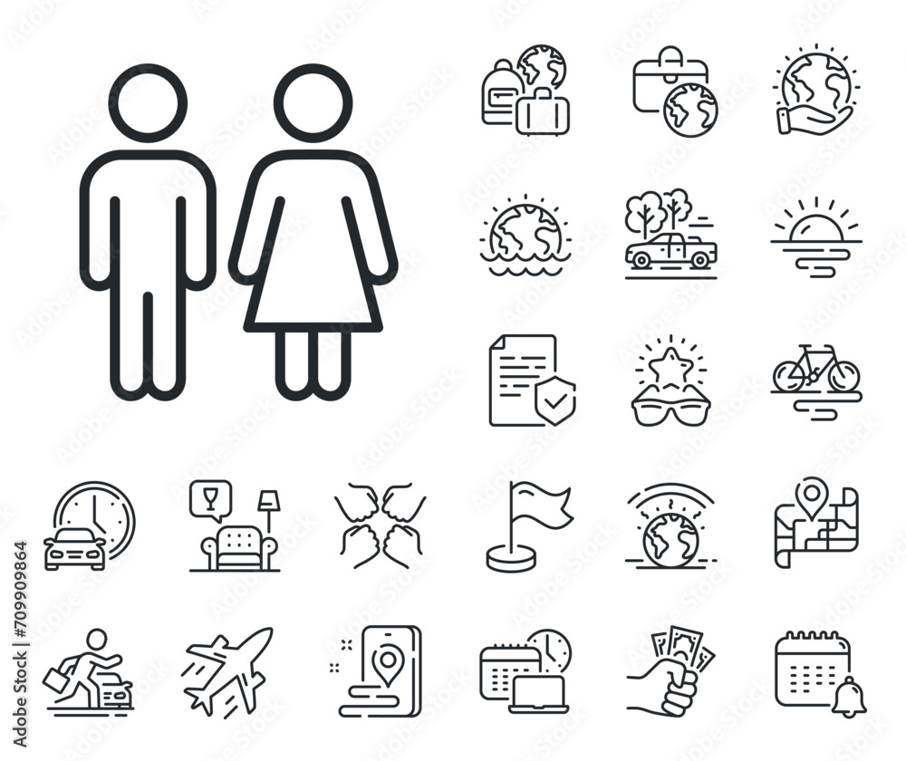 WC toilet sign. Plane jet, travel map and baggage claim outline icons. Restroom line icon. Public lavatory symbol. Restroom line sign. Car rental, taxi transport icon. Place location. Vector WC toilet sign. Plane jet, travel map and baggage claim outline icons. Restroom line icon. Public lavatory symbol. Restroom line sign. Car rental, taxi transport icon. Place location. Vector