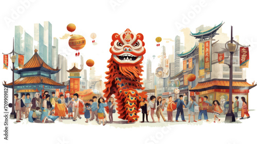 Chinese Lion Dance  transparent Background  Modern Chinese City Illustration  Mid Century Illustration generative ai