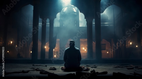 Silhouette of Muslim man worshiping and praying for fasting and Islamic Eid culture in old mosque with lighting and smoke background, copy space - generative ai