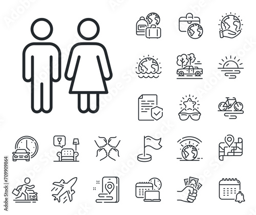 WC toilet sign. Plane jet, travel map and baggage claim outline icons. Restroom line icon. Public lavatory symbol. Restroom line sign. Car rental, taxi transport icon. Place location. Vector