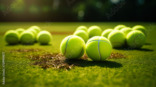 Tennis balls and racket on the grass court © doly dol