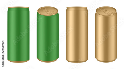 Set of green and gold tin cans of energy drink, juice or soda. Cocktail or fitness drink. Cold beverages. Can top view	
