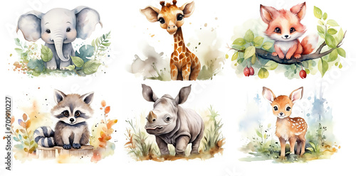 watercolor illustration with grungy texture, cute animal in garden or forest elephant, rhino, fox, giraffe, deer, raccoon, collection set isolated on white background, generative Ai