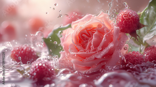 Close-up of pink rose petals with water drops. Mix berry water splash, Cosmetics with rose flower extract Selective focus