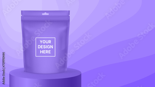 Zip bag or pouch mockup on a purple abstract background. Wavy pattern and gradient shades, dynamic curve shape. Vector illustration with editable colors. Product display. Foil bag, plastic sachet