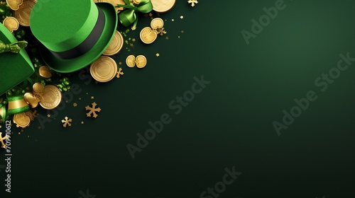 Whimsical Saint Patrick's Day Celebration: Leprechaun Hat, Gold Coins, and Clovers on Isolated Green Background – Festive Irish Holiday Concept with Copyspace
