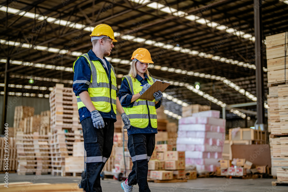 workers man and woman engineering walking and inspecting timbers wood in warehouse. Concept of smart industry worker operating. Wood factories produce wood palate. workers man and woman engineering walking and inspecting timbers wood in warehouse. Concept of smart industry worker operating. Wood factories produce wood palate.