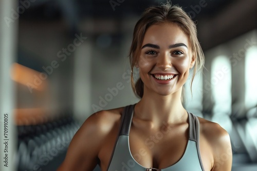 Portrait of happy smiling beautiful woman in fitness wear in modern gym center blurred background, copy space area. girl indoors. Sun light.