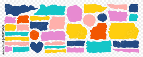 Set of torn paper frames. Bright color palette collage shape of ripped paper silhouettes. Old vintage paper backgrounds. Abstract ripped paper pieces for note and scrapbooking. Vector illustration