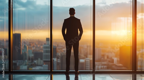 Backview. Silhouette of a successful young businessman in a suit looking at a window, photo