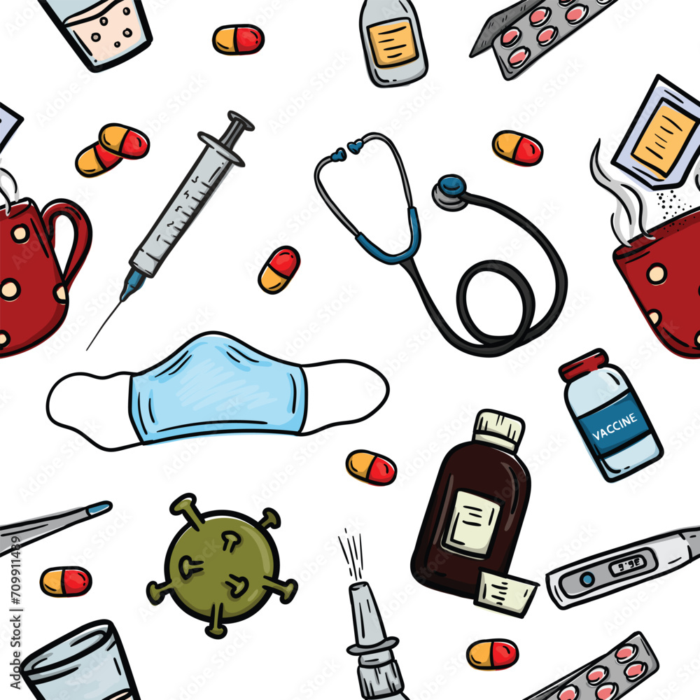 Seamless vector pattern with medical elements, drugs, viruses, pills, vaccine and cup of tea